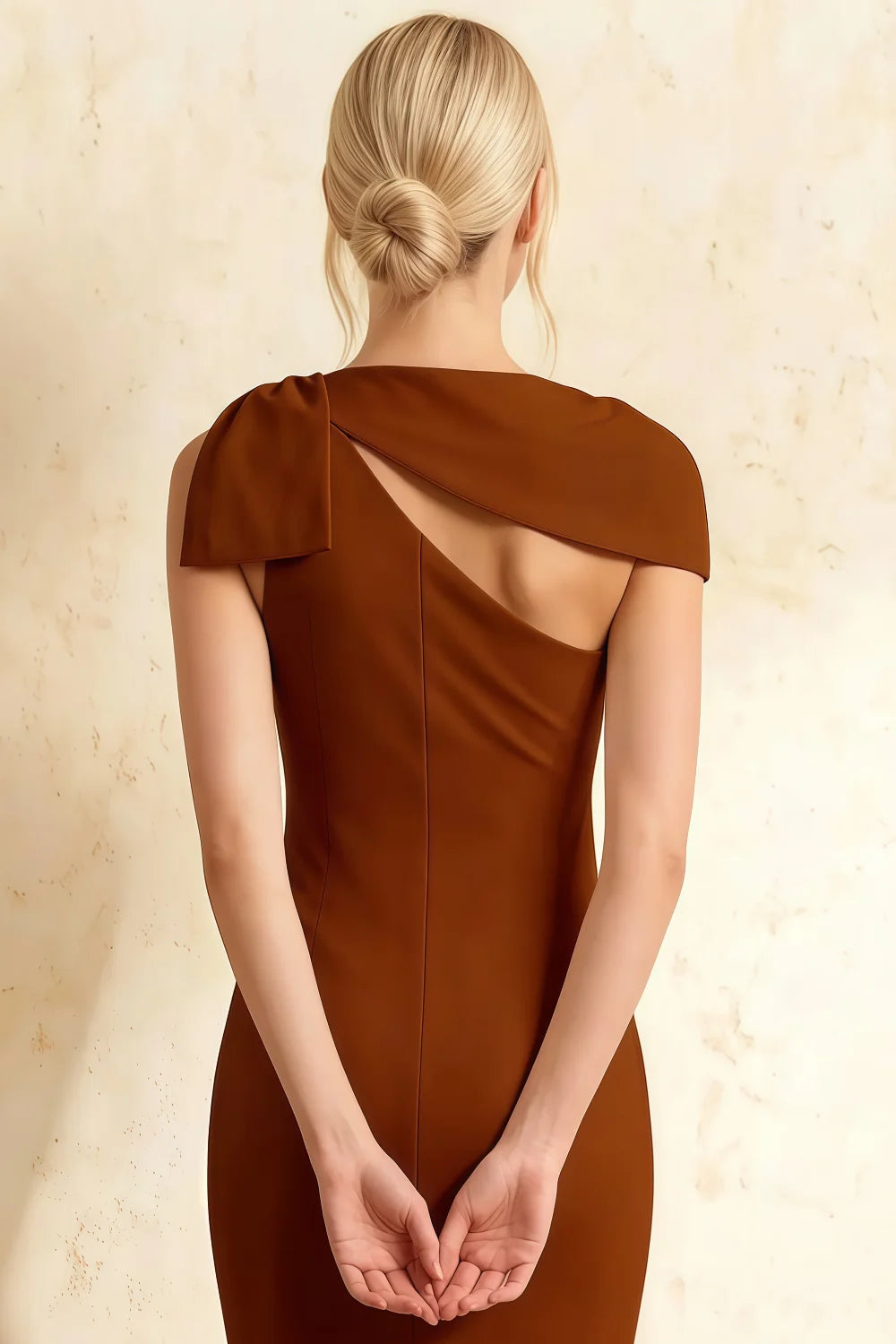 Henrietta Chocolate Asymmetric Neck Midi Dress With Bow