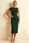 Henrietta Dark Green Asymmetric Neck Midi Dress With Bow