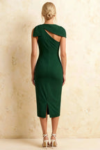Henrietta Dark Green Asymmetric Neck Midi Dress With Bow