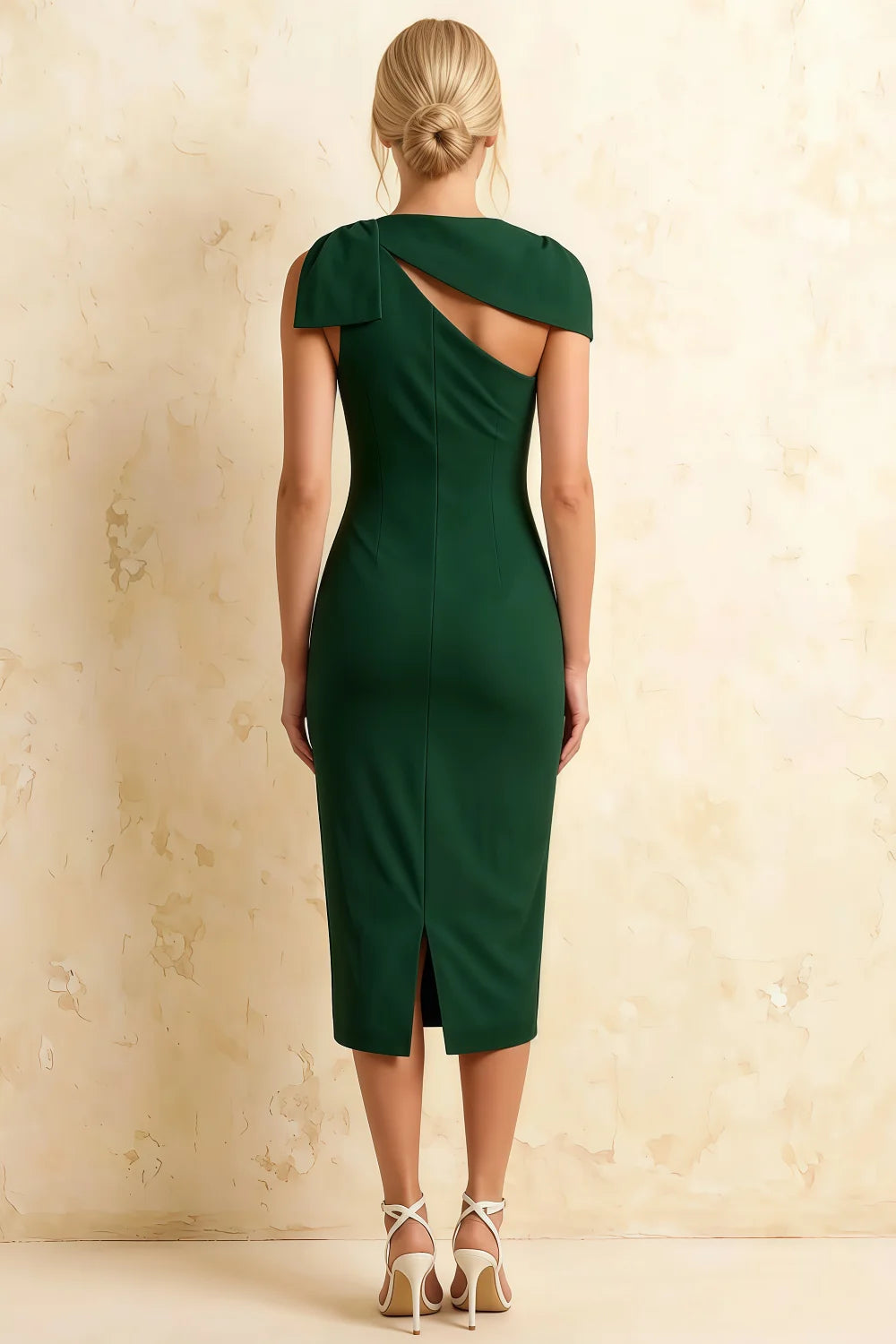 Henrietta Dark Green Asymmetric Neck Midi Dress With Bow