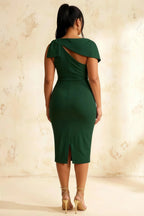 Henrietta Dark Green Asymmetric Neck Midi Dress With Bow