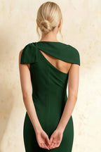 Henrietta Dark Green Asymmetric Neck Midi Dress With Bow