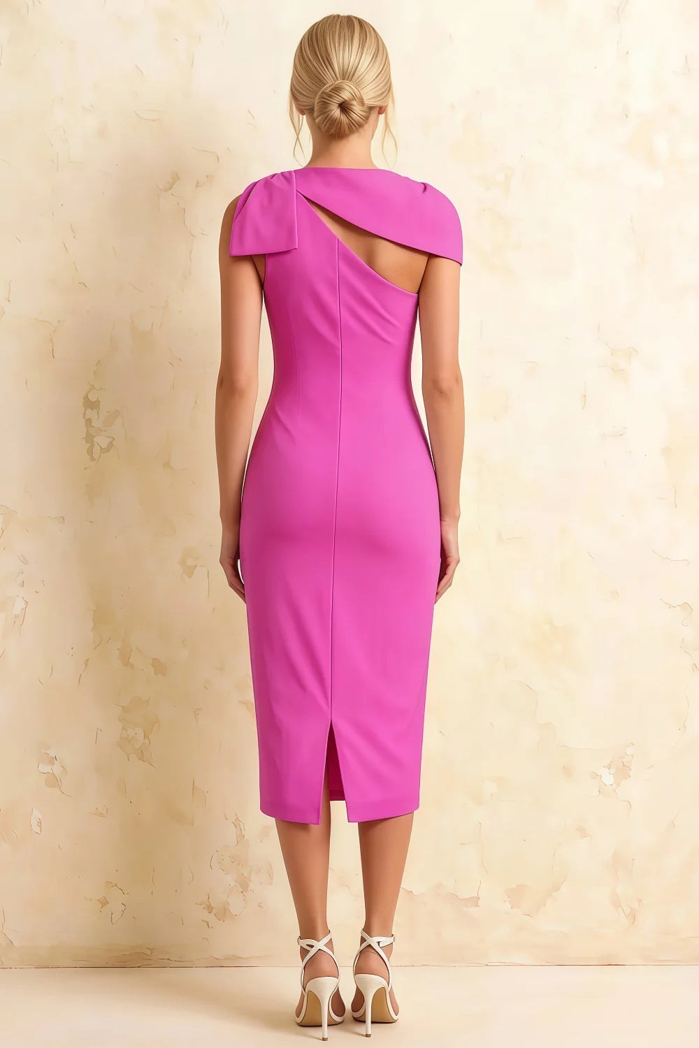 Henrietta Fuchsia Asymmetric Neck Midi Dress With Bow