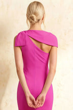 Henrietta Fuchsia Asymmetric Neck Midi Dress With Bow