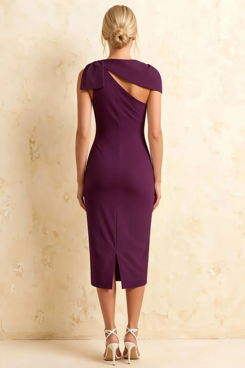 Henrietta Grape Asymmetric Neck Midi Dress With Bow