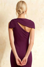 Henrietta Grape Asymmetric Neck Midi Dress With Bow