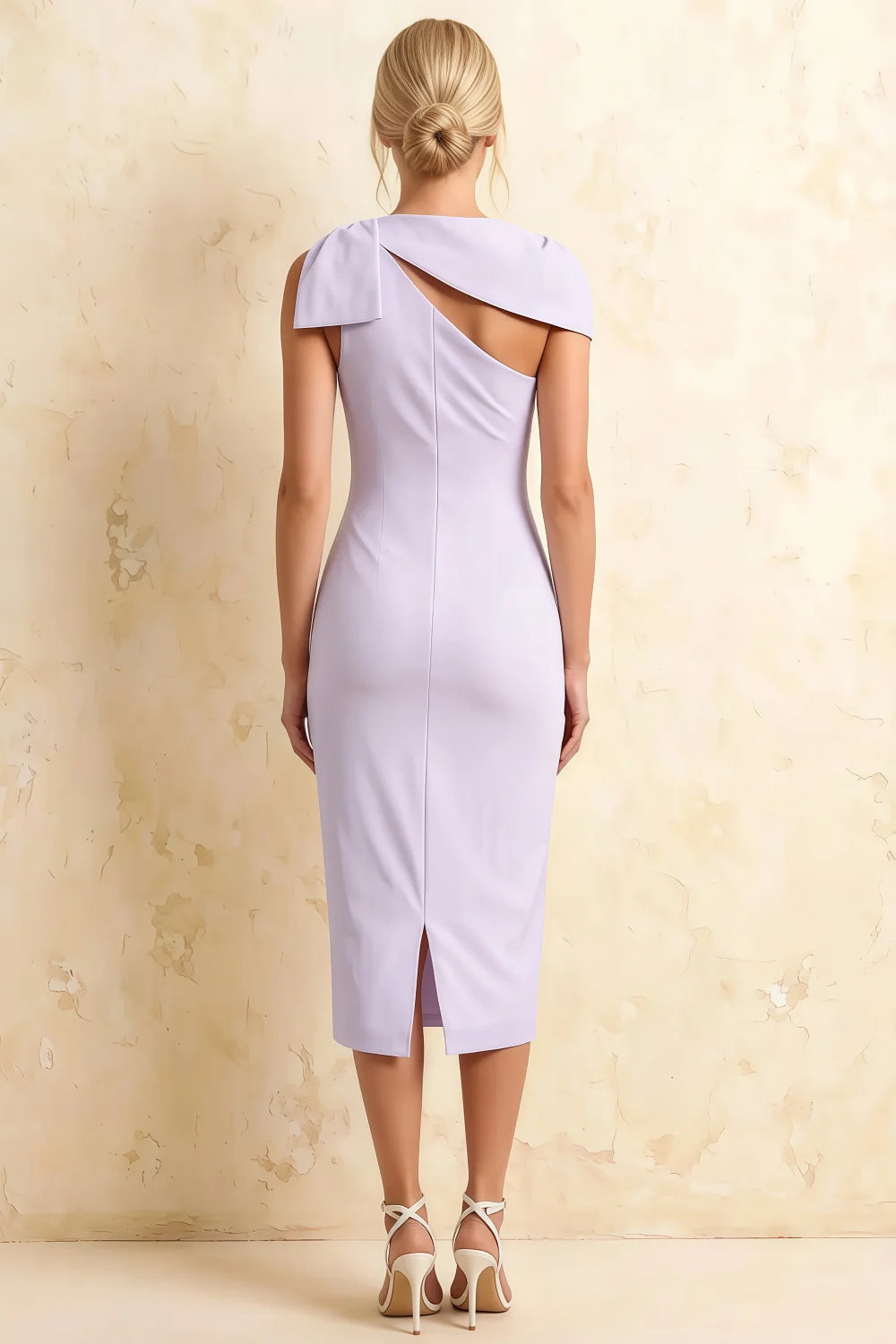 Henrietta Lavender Asymmetric Neck Midi Dress With Bow