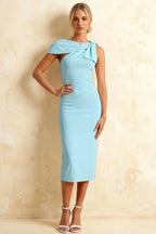 Henrietta Light Blue Asymmetric Neck Midi Dress With Bow