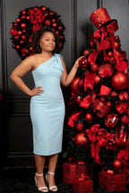 Henrietta Light Blue Asymmetric Neck Midi Dress With Bow