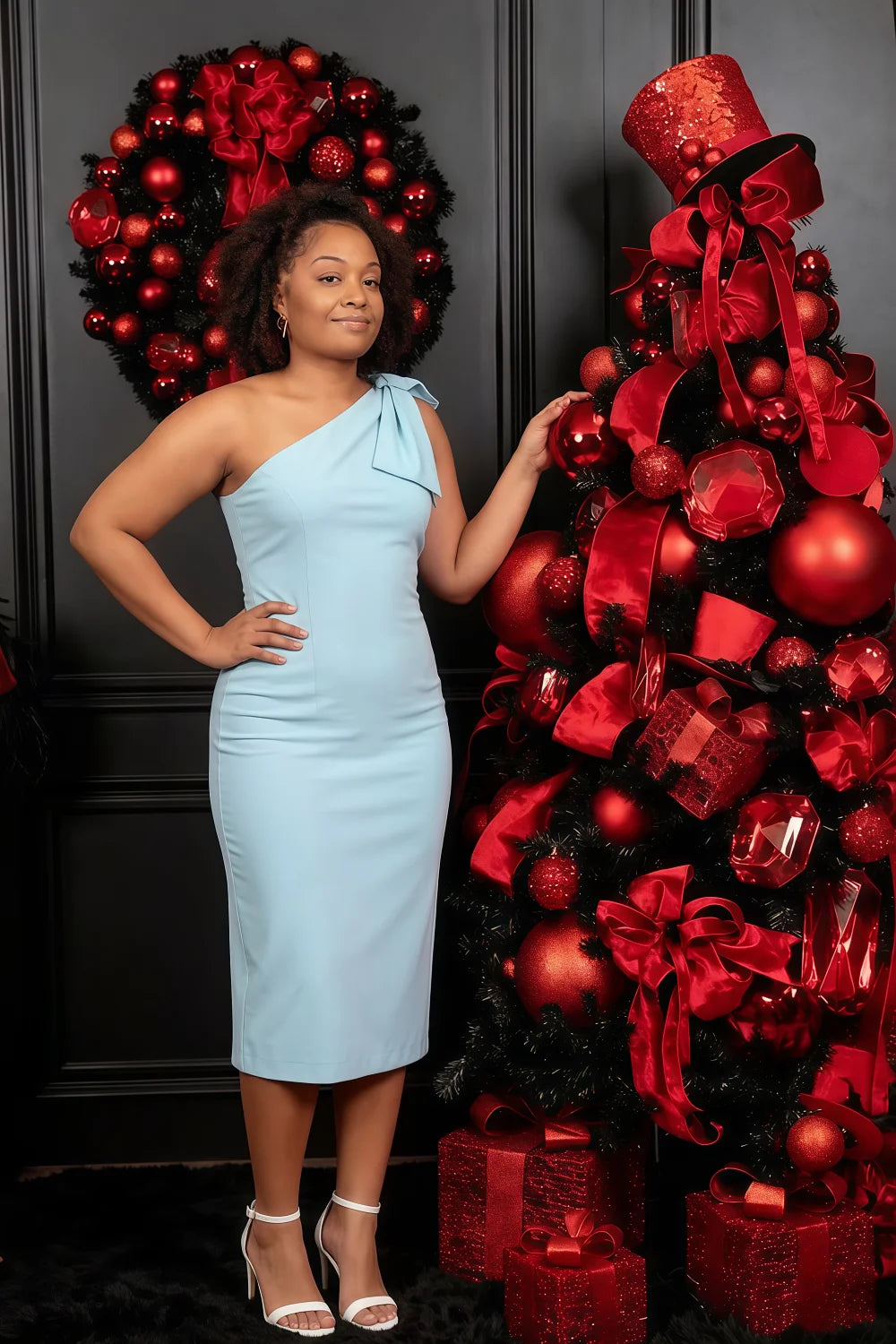 Henrietta Light Blue Asymmetric Neck Midi Dress With Bow