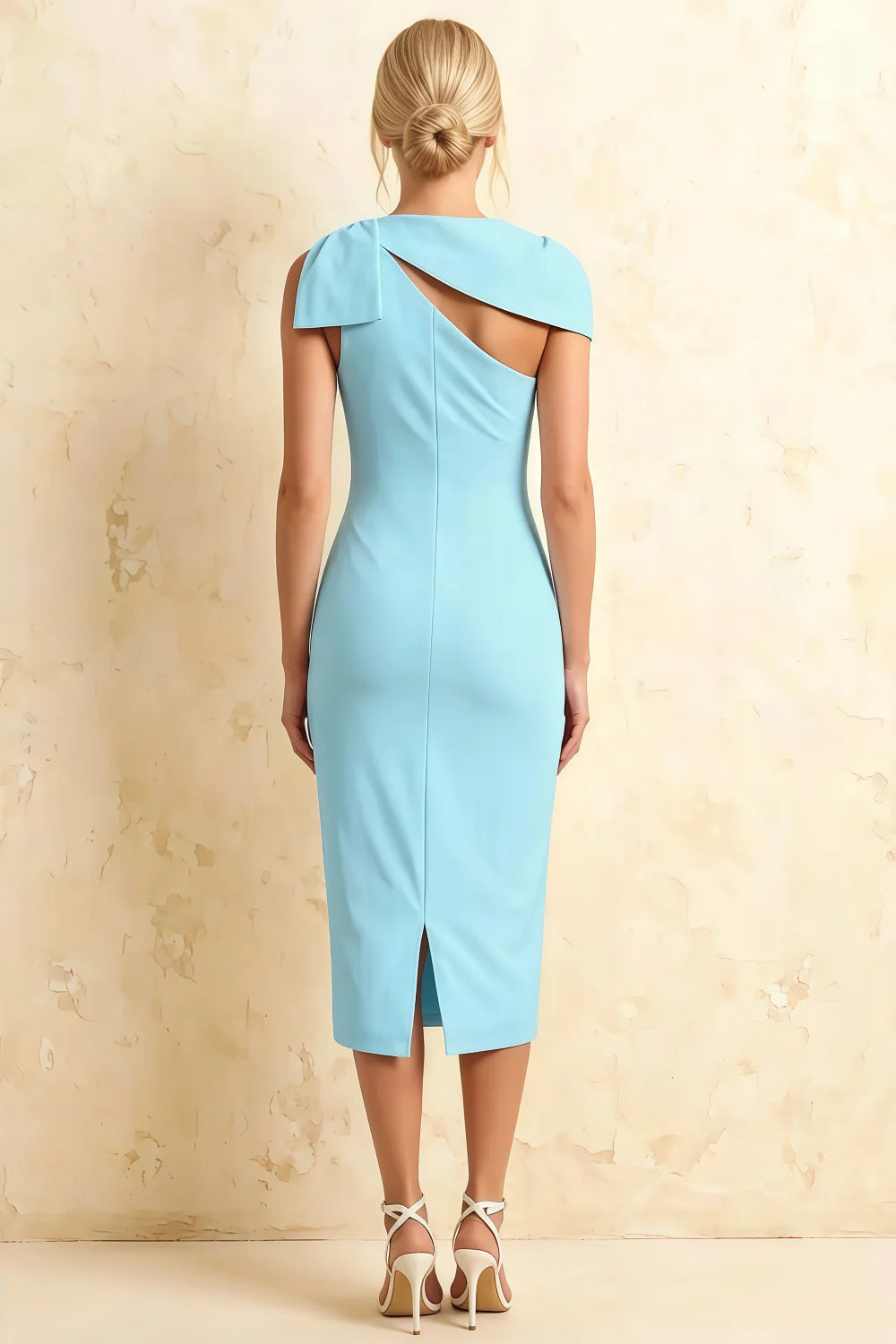 Henrietta Light Blue Asymmetric Neck Midi Dress With Bow