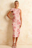 Henrietta Light Pink Floral Asymmetric Neck Midi Dress with Bow