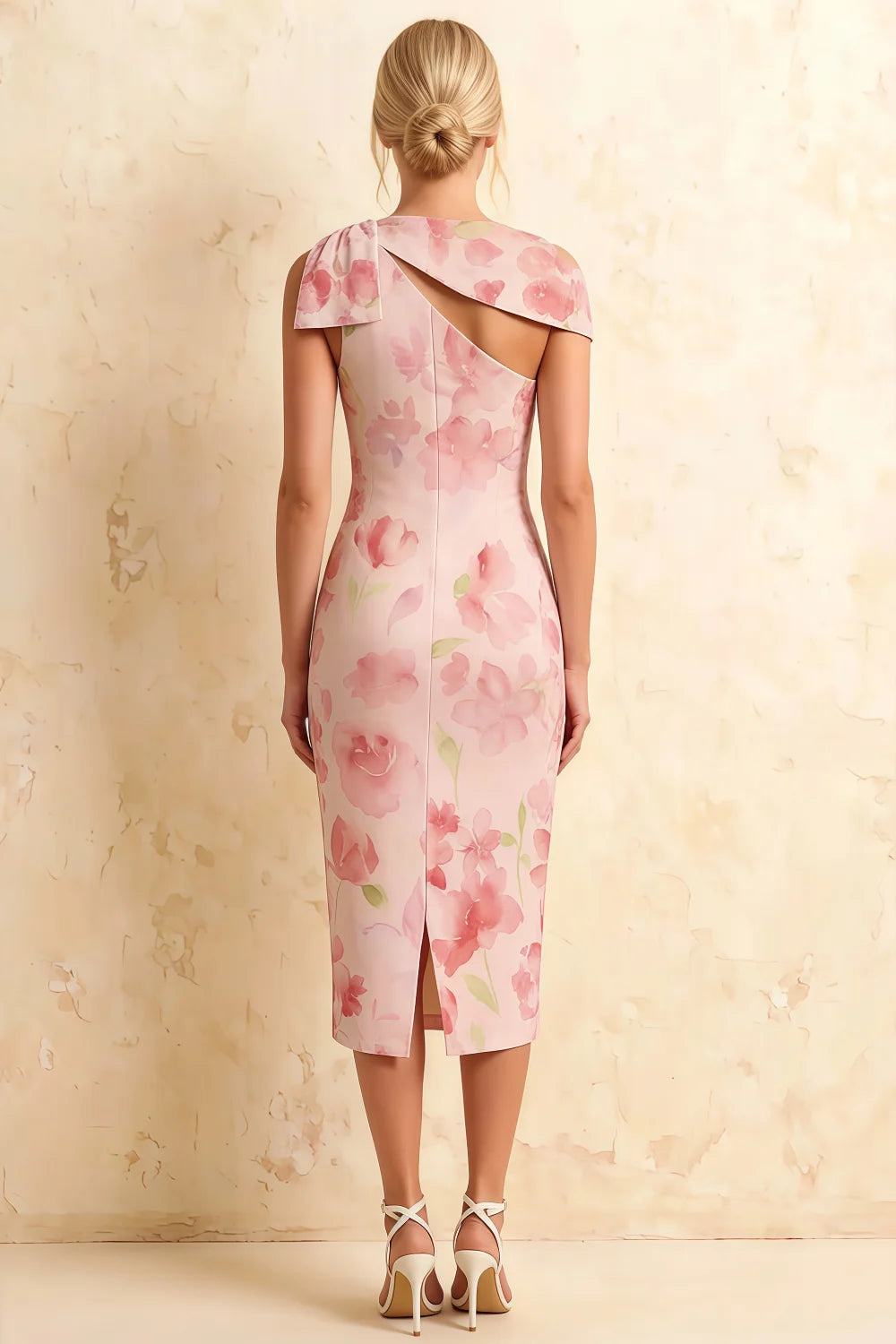Henrietta Light Pink Floral Asymmetric Neck Midi Dress with Bow