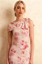 Henrietta Light Pink Floral Asymmetric Neck Midi Dress with Bow