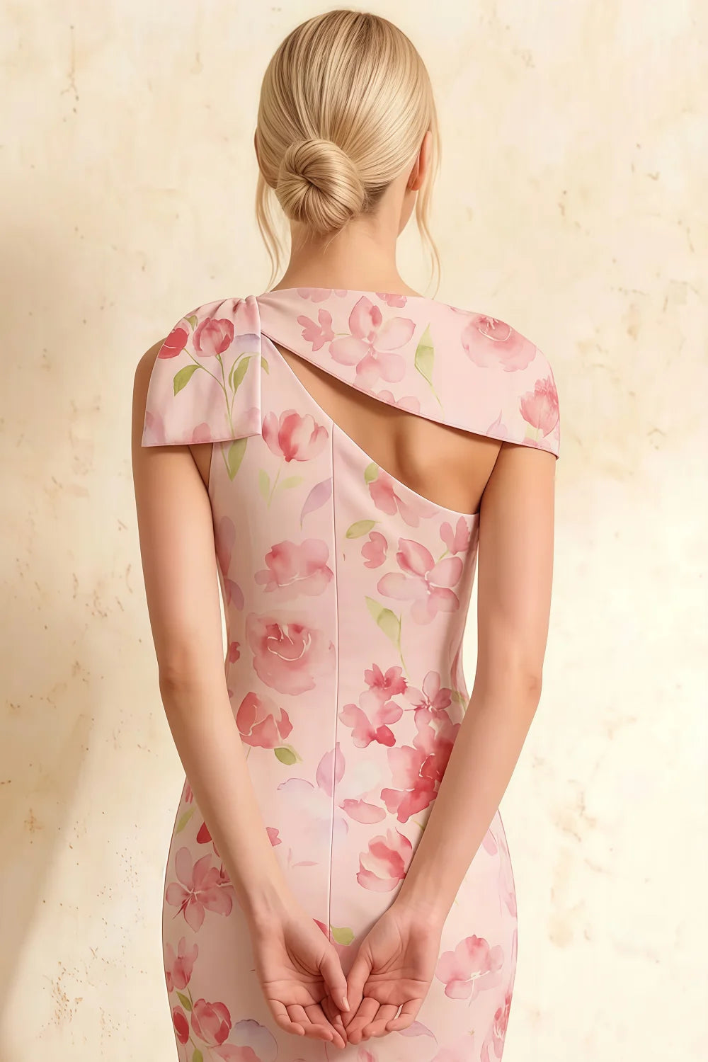 Henrietta Light Pink Floral Asymmetric Neck Midi Dress with Bow