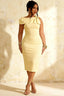 Henrietta Light Yellow Asymmetric Neck Midi Dress With Bow