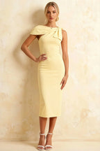 Henrietta Light Yellow Asymmetric Neck Midi Dress With Bow