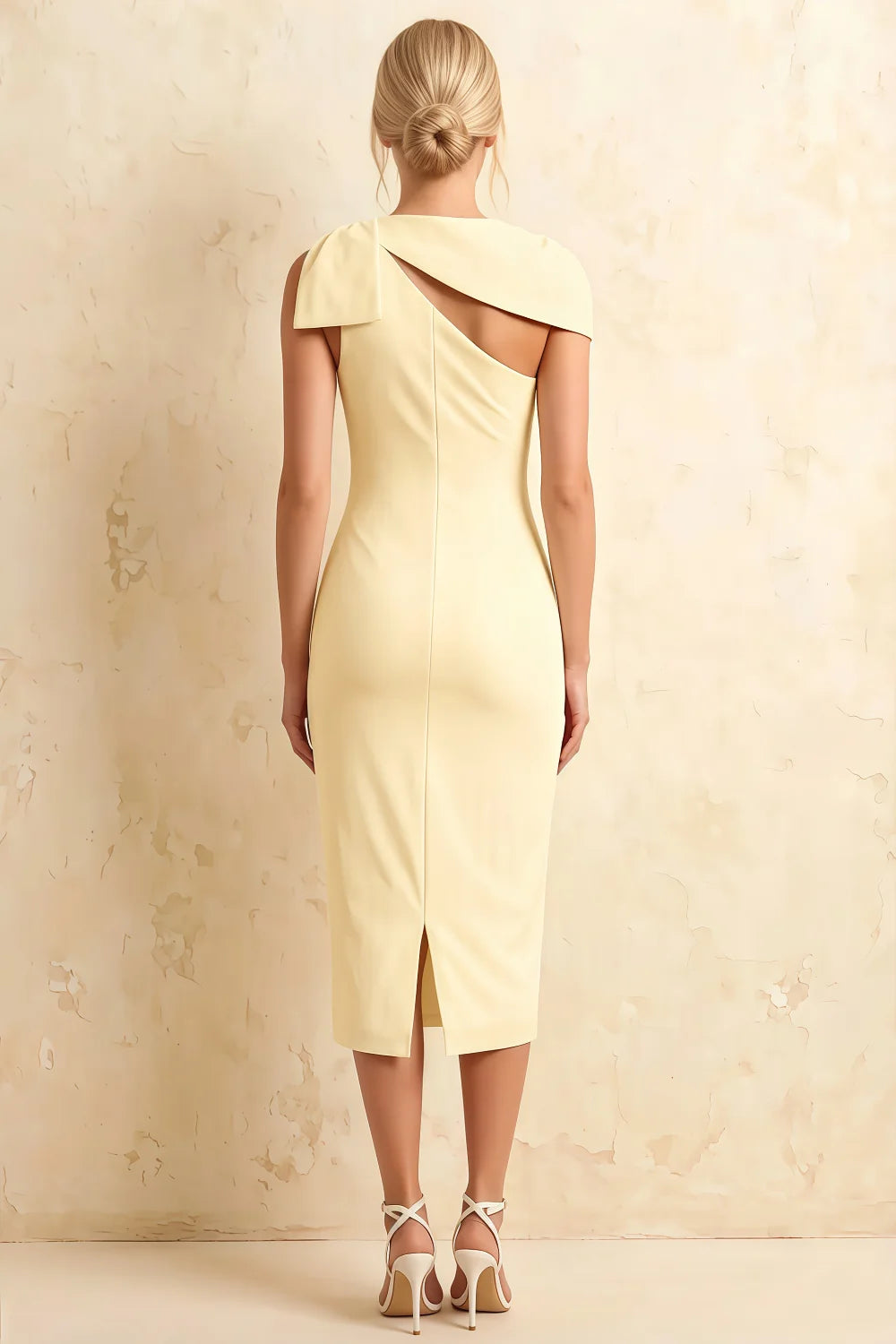 Henrietta Light Yellow Asymmetric Neck Midi Dress With Bow
