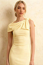Henrietta Light Yellow Asymmetric Neck Midi Dress With Bow