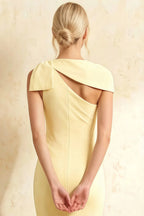 Henrietta Light Yellow Asymmetric Neck Midi Dress With Bow