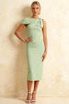 Henrietta Mint Asymmetric Neck Midi Dress With Bow