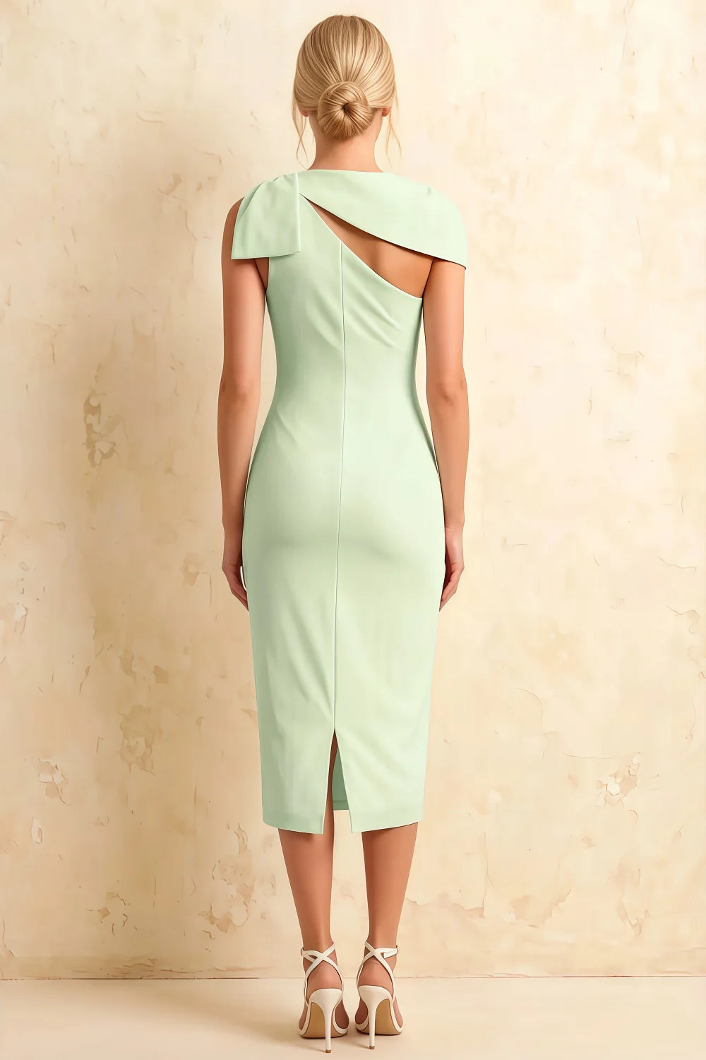 Henrietta Mint Asymmetric Neck Midi Dress With Bow