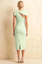 Henrietta Mint Asymmetric Neck Midi Dress With Bow