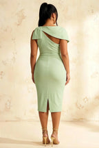 Henrietta Mint Asymmetric Neck Midi Dress With Bow