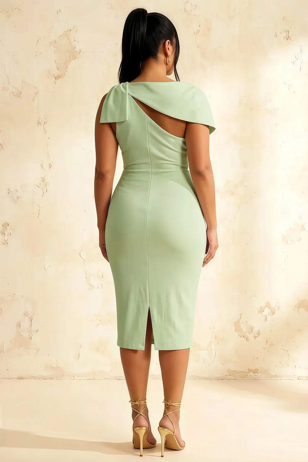 Henrietta Mint Asymmetric Neck Midi Dress With Bow