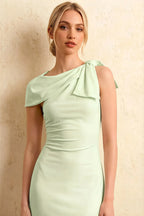 Henrietta Mint Asymmetric Neck Midi Dress With Bow