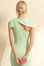 Henrietta Mint Asymmetric Neck Midi Dress With Bow