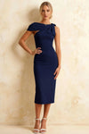 Henrietta Navy Blue Asymmetric Neck Midi Dress With Bow