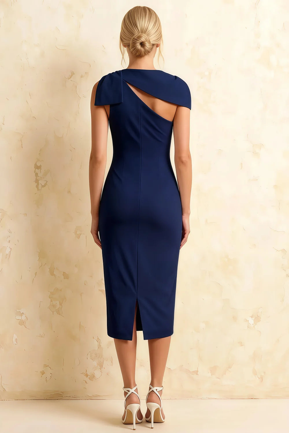 Henrietta Navy Blue Asymmetric Neck Midi Dress With Bow