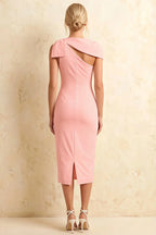 Henrietta Pink Asymmetric Neck Midi Dress With Bow