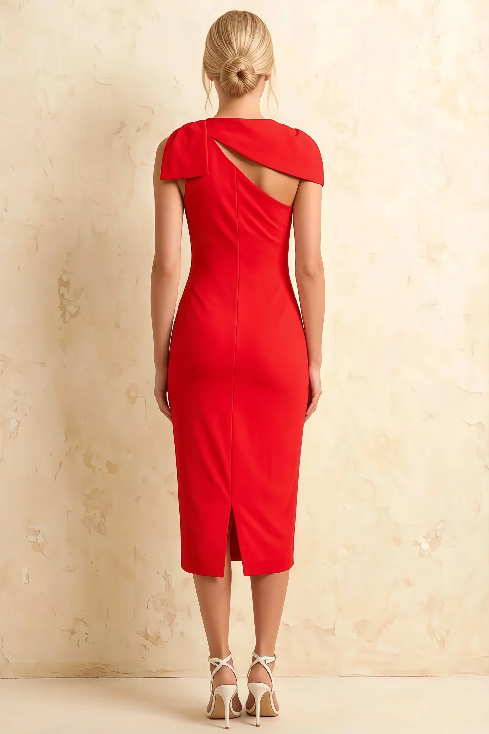 Henrietta Red Asymmetric Neck Midi Dress With Bow