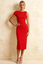 Henrietta Red Asymmetric Neck Midi Dress With Bow