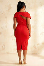 Henrietta Red Asymmetric Neck Midi Dress With Bow