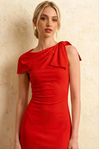Henrietta Red Asymmetric Neck Midi Dress With Bow