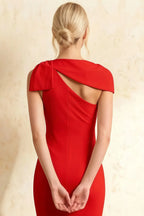 Henrietta Red Asymmetric Neck Midi Dress With Bow