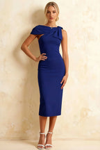 Henrietta Royal Blue Asymmetric Neck Midi Dress With Bow