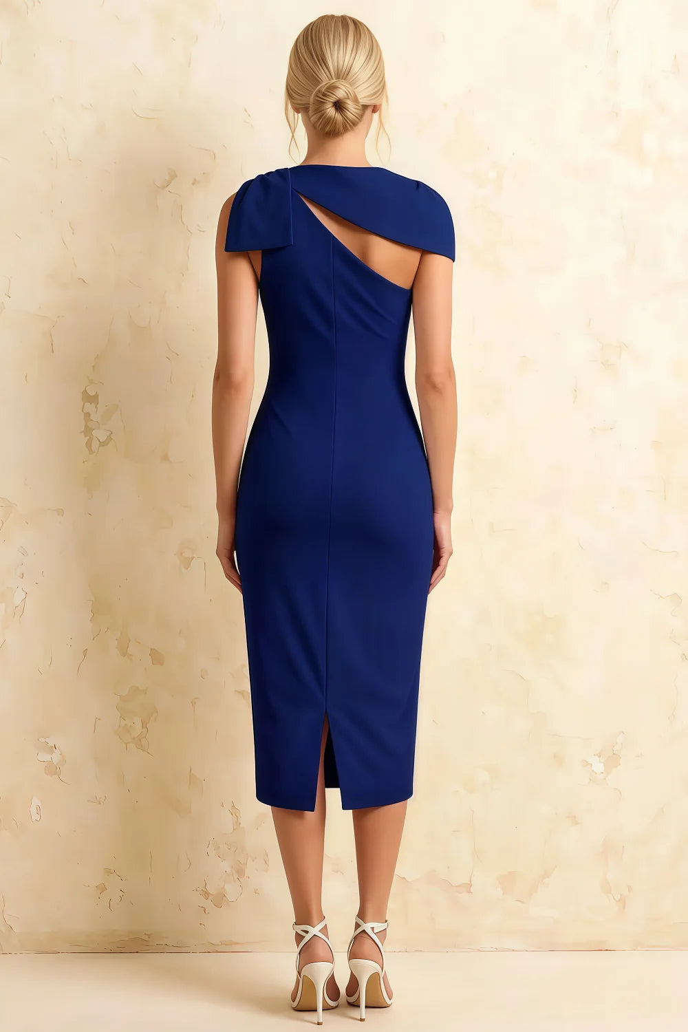Henrietta Royal Blue Asymmetric Neck Midi Dress With Bow