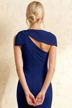 Henrietta Royal Blue Asymmetric Neck Midi Dress With Bow