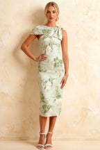 Henrietta Sage Green Floral Midi Dress | Asymmetric Neck & Bow Detail