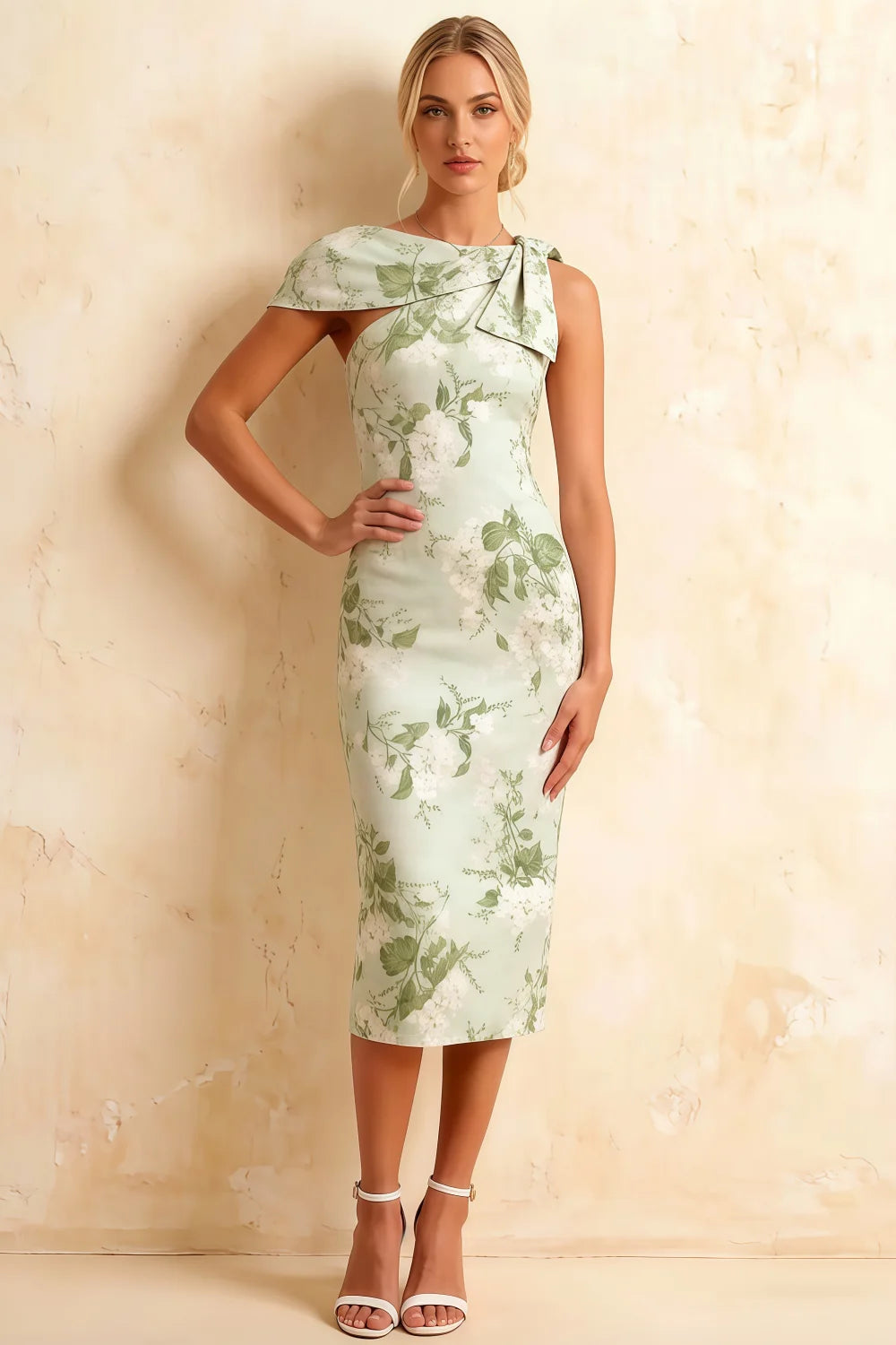 Henrietta Sage Green Floral Midi Dress | Asymmetric Neck & Bow Detail