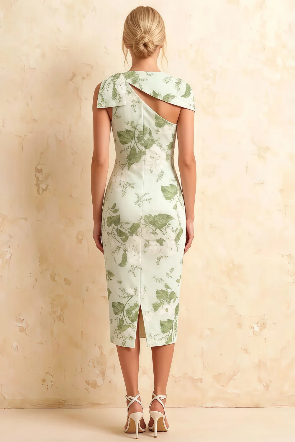 Vestido midi floral verde salvia Henrietta | Cuello asimétrico y detalle de lazo