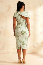 Henrietta Sage Green Floral Midi Dress | Asymmetric Neck & Bow Detail