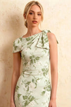 Henrietta Sage Green Floral Midi Dress | Asymmetric Neck & Bow Detail