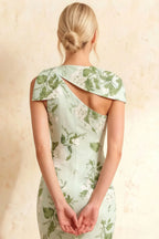 Henrietta Sage Green Floral Midi Dress | Asymmetric Neck & Bow Detail
