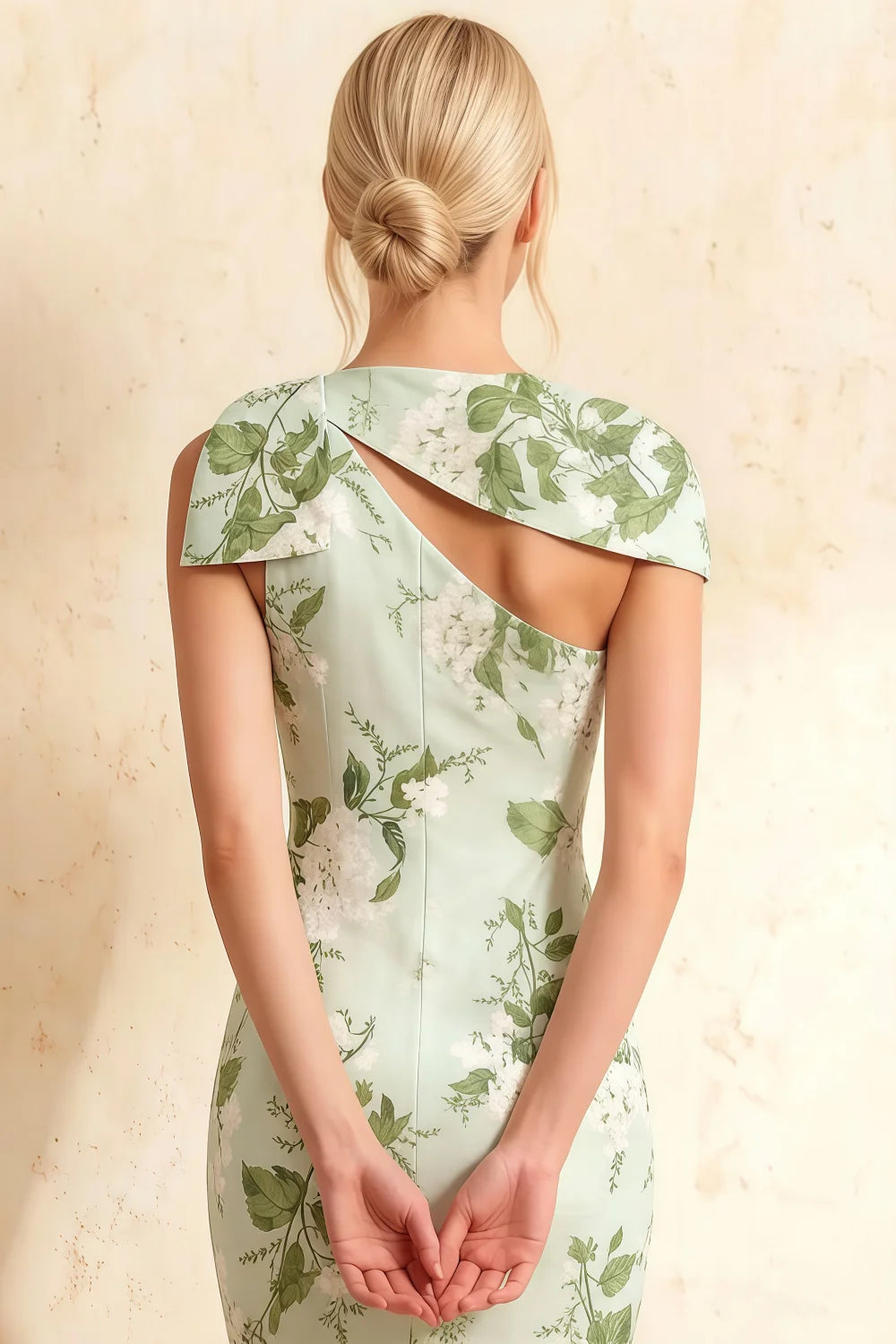 Vestido midi floral verde salvia Henrietta | Cuello asimétrico y detalle de lazo