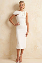 Henrietta White Asymmetric Neck Midi Dress With Bow